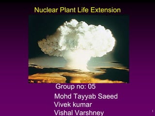 Nuclear Plant Life Extension




      Group no: 05
      Mohd Tayyab Saeed
      Vivek kumar
                               1
      Vishal Varshney
 