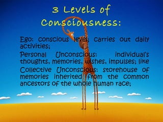 3 Levels of
      Consciousness:
Ego: conscious level; carries out daily
activities;
Personal Unconscious:         individual’s
thoughts, memories, wishes, impulses; like
Collective Unconscious: storehouse of
memories inherited from the common
ancestors of the whole human race;
 
