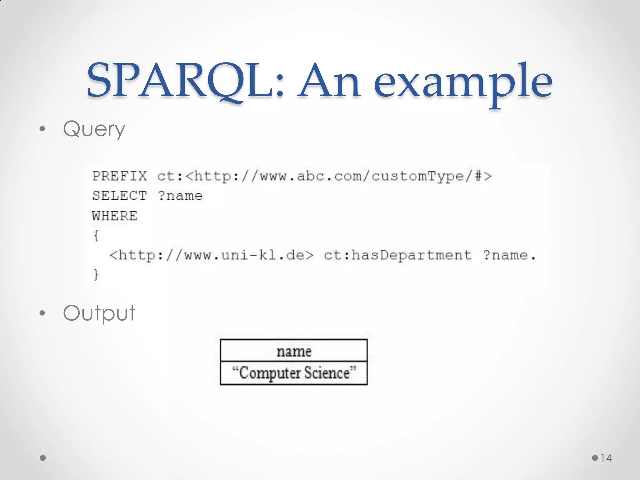 SPARQL: An example
• Query




• Output




                        14
 