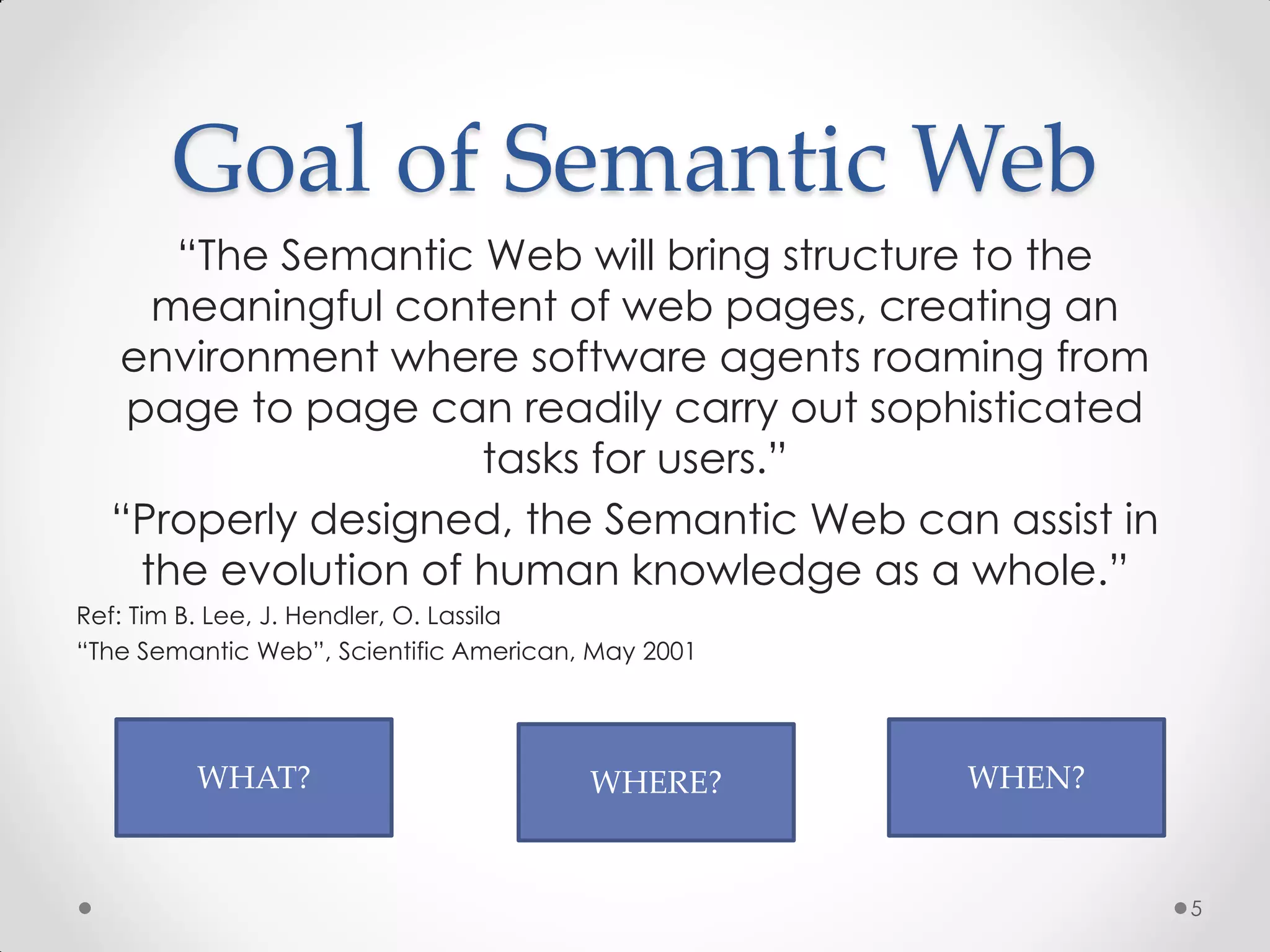 Goal of Semantic Web
      “The Semantic Web will bring structure to the
     meaningful content of web pages, creating an
  environment where software agents roaming from
   page to page can readily carry out sophisticated
                     tasks for users.”
  “Properly designed, the Semantic Web can assist in
    the evolution of human knowledge as a whole.”
Ref: Tim B. Lee, J. Hendler, O. Lassila
“The Semantic Web”, Scientific American, May 2001




         WHAT?                          WHERE?      WHEN?



                                                            5
 