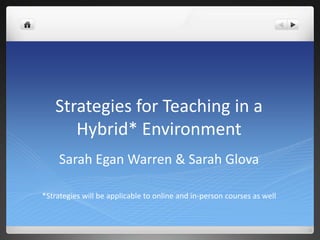 Strategies for Teaching in a
      Hybrid* Environment
     Sarah Egan Warren & Sarah Glova

*Strategies will be applicable to online and in-person courses as well
 