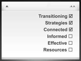Transitioning 
   Strategies 
  Connected 
    Informed ☐
    Effective ☐
  Resources ☐
 