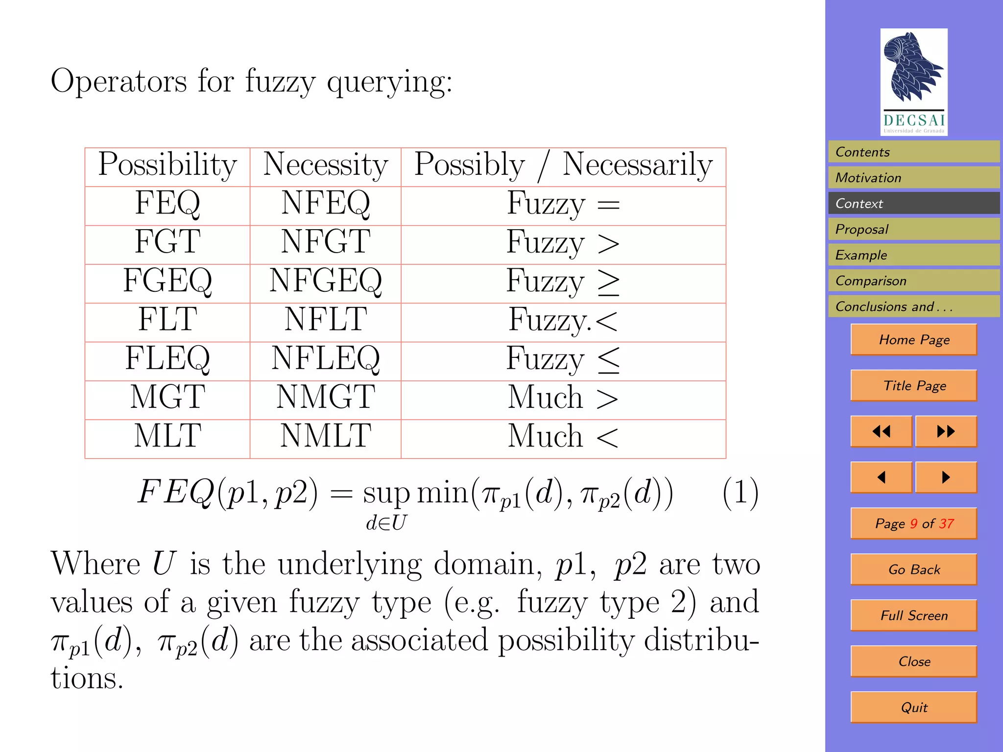 Operators for fuzzy querying:
                                                          Contents
   Possibility Necessity Possibly / Necessarily           Motivation

     FEQ        NFEQ            Fuzzy =                   Context
                                                          Proposal
     FGT        NFGT            Fuzzy >                   Example

    FGEQ       NFGEQ            Fuzzy ≥                   Comparison
                                                          Conclusions and . . .
     FLT        NFLT            Fuzzy.<                          Home Page
    FLEQ       NFLEQ            Fuzzy ≤
                                                                  Title Page
     MGT        NMGT            Much >
     MLT        NMLT            Much <
      F EQ(p1, p2) = sup min(πp1(d), πp2(d))       (1)
                        d∈U                                      Page 9 of 37


Where U is the underlying domain, p1, p2 are two                    Go Back

values of a given fuzzy type (e.g. fuzzy type 2) and              Full Screen

πp1(d), πp2(d) are the associated possibility distribu-              Close
tions.
                                                                     Quit
 