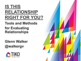 IS THIS
RELATIONSHIP
RIGHT FOR YOU?
Tools and Methods
for Evaluating
Relationships

Glenn Walker
@walkergv
 