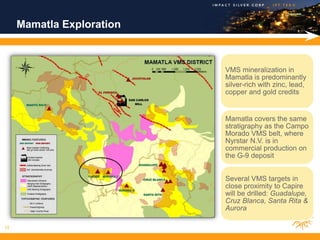 Mamatla Exploration



                           VMS mineralization in
                           Mamatla is predominantly
                           silver-rich with zinc, lead,
                           copper and gold credits


                           Mamatla covers the same
                           stratigraphy as the Campo
                           Morado VMS belt, where
                           Nyrstar N.V. is in
                           commercial production on
                           the G-9 deposit


                           Several VMS targets in
                           close proximity to Capire
                           will be drilled: Guadalupe,
                           Cruz Blanca, Santa Rita &
                           Aurora

15
 