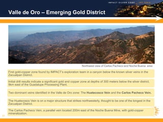 Valle de Oro – Emerging Gold District




                                                                 Northwest view of Carlos Pacheco and Noche Buena area

     First gold-copper zone found by IMPACT’s exploration team in a canyon below the known silver veins in the
     Zacualpan District.

     Initial drill results indicate a significant gold and copper zone at depths of 300 meters below the silver district,
     9km east of the Guadalupe Processing Plant.

     Two dominant veins identified in the Valle de Oro zone: The Huatecosco Vein and the Carlos Pacheco Vein.

     The Huatecosco Vein is on a major structure that strikes northwesterly, thought to be one of the longest in the
     Zacualpan District.

     The Carlos Pacheco Vein, a parallel vein located 200m east of the Noche Buena Mine, with gold-copper
     mineralization.
21
 