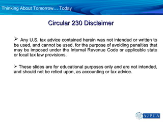 Thinking About Tomorrow… Today


                     Circular 230 Disclaimer

        Any U.S. tax advice contained here...