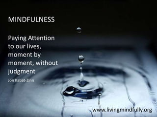 MINDFULNESS

Paying Attention
to our lives,
moment by
moment, without
judgment
Jon Kabat-Zinn




                   www.livingmindfully.org
 