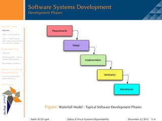 Software Systems Development
                                 Development Phases


Introduction
Overview

Safety -Critical Systems

Safety -Critical Systems
Applications, Characteristics,
and other Terminologies


Dependability
Taxonomy

Threats on Safety -Critical
Systems Dependability

Dependability Attributes


Means to Achieve
Dependability
Achieving Dependability
Quality Attributes


Summary




                                              Figure: Waterfall Model - Typical Software Development Phases

                                  Saleh Al-Da’ajeh          Safety-Critical Systems Dependability   December 23, 2012 3/16
 