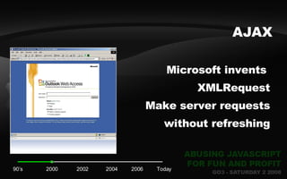<ul><li>Microsoft invents  </li></ul><ul><li>XMLRequest </li></ul><ul><li>Make server requests </li></ul><ul><li>without r...