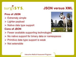 JSON versus XML Pros of JSON Extremely simple Lighter payload Native data type support Cons of JSON Fewer available supporting technologies No native support for binary data or namespaces Primitive data type support is weak Not extensible 