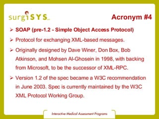 Acronym #4 SOAP (pre-1.2 - Simple Object Access Protocol) Protocol for exchanging XML-based messages. Originally designed by Dave Winer, Don Box, Bob Atkinson, and Mohsen Al-Ghosein in 1998, with backing from Microsoft, to be the successor of XML-RPC. Version 1.2  of the spec became a W3C recommendation in June 2003. Spec is currently maintained by the W3C  XML Protocol Working Group . 