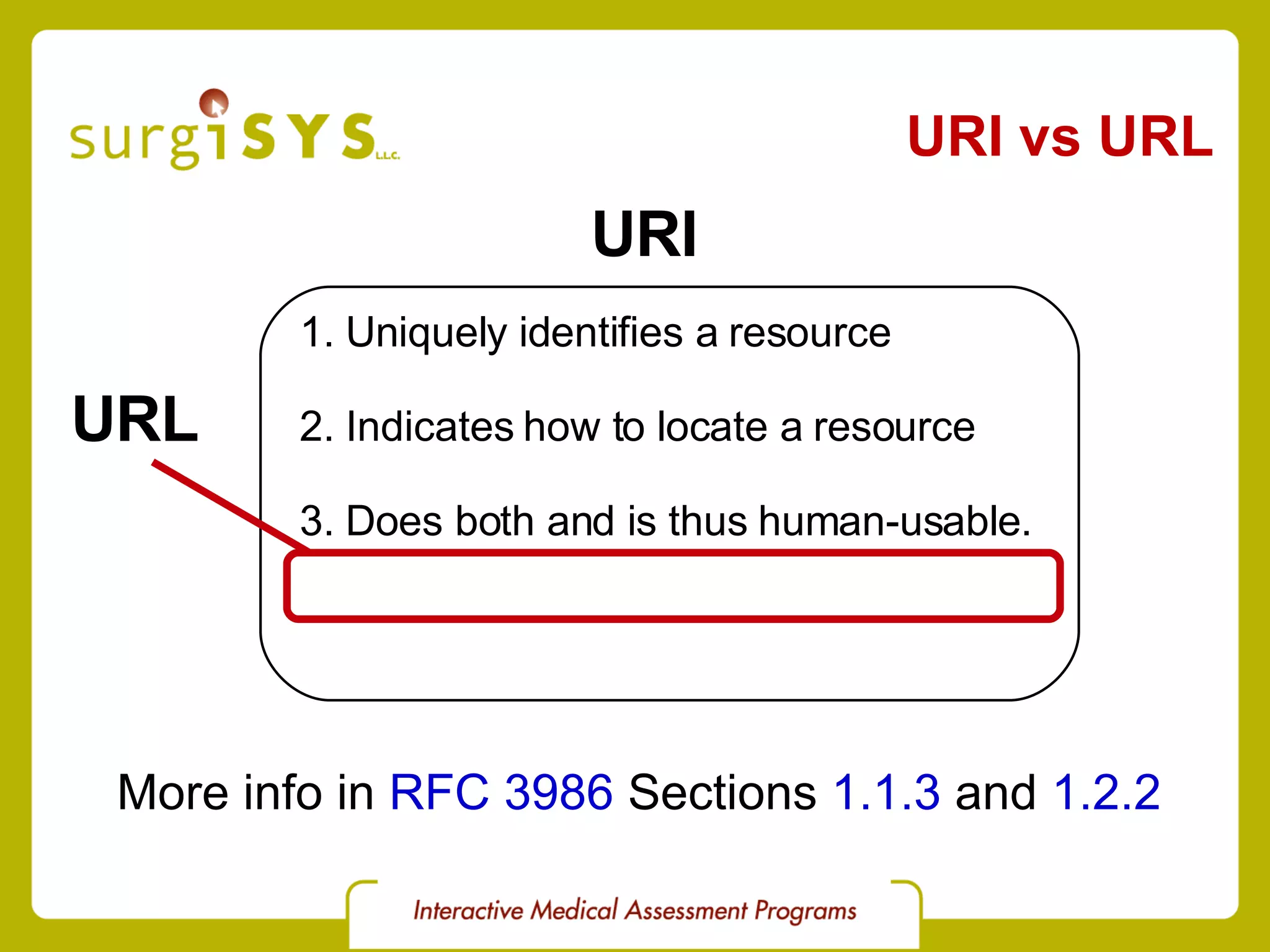 URI vs URL 1. Uniquely identifies a resource 2. Indicates how to locate a resource 3. Does both and is thus human-usable. URI URL More info in  RFC 3986  Sections  1.1.3  and  1.2.2 
