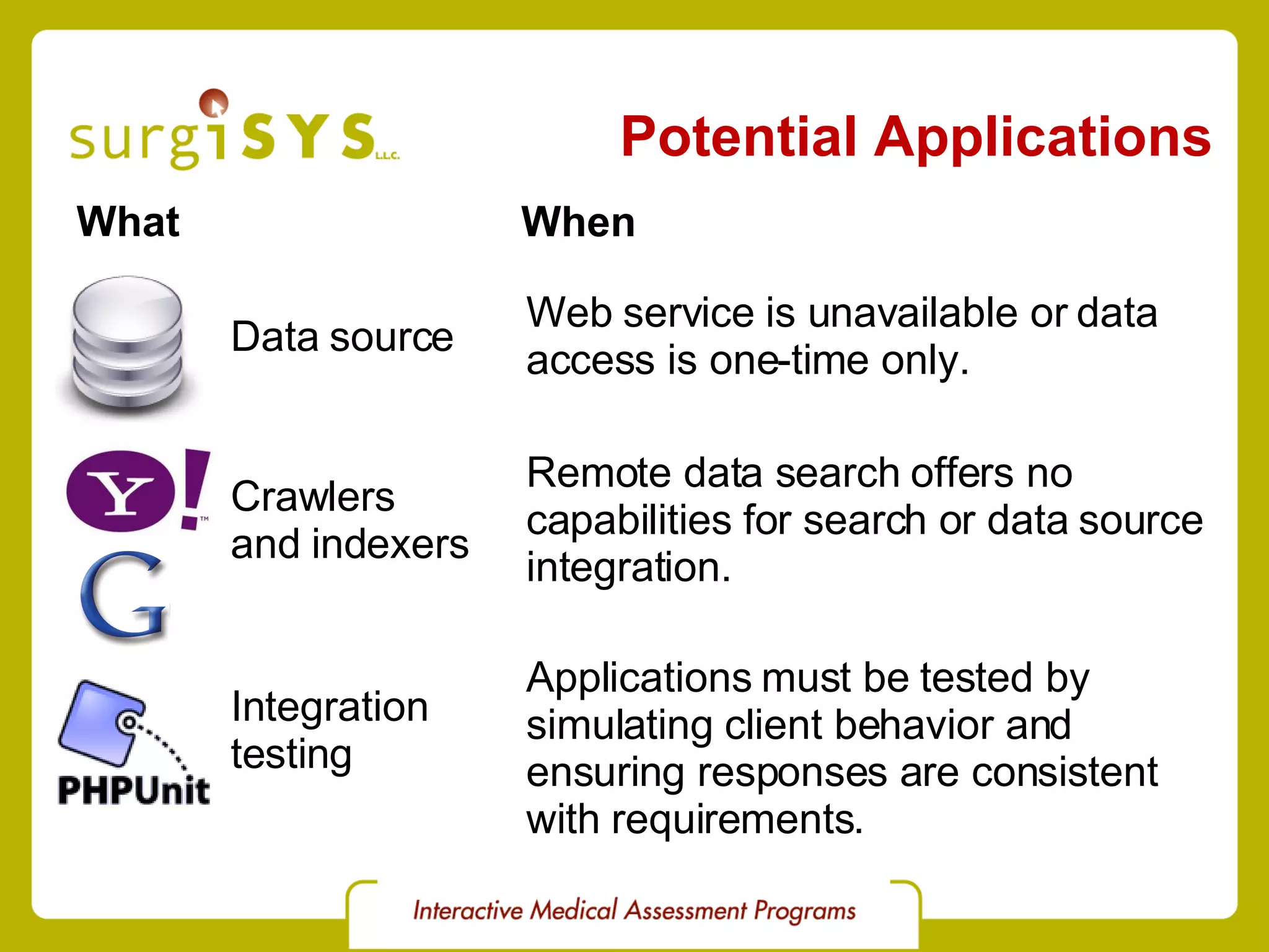 Potential Applications What Data source When Web service is unavailable or data  access is one-time only. Crawlers and indexers Remote data search offers no  capabilities for search or data source  integration. Integration testing Applications must be tested by  simulating client behavior and  ensuring responses are consistent with requirements. 