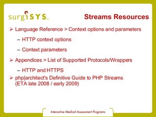 Streams Resources Language Reference > Context options and parameters HTTP context options Context parameters Appendices > List of Supported Protocols/Wrappers HTTP and HTTPS php|architect's Definitive Guide to PHP Streams (ETA late 2008 / early 2009) 