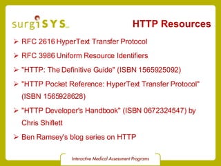 HTTP Resources RFC 2616 HyperText Transfer Protocol RFC 3986 Uniform Resource Identifiers &quot;HTTP: The Definitive Guide&quot; (ISBN 1565925092) &quot;HTTP Pocket Reference: HyperText Transfer Protocol&quot; (ISBN 1565928628) &quot;HTTP Developer's Handbook&quot; (ISBN 0672324547) by  Chris Shiflett Ben Ramsey's blog series on HTTP 