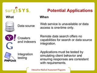 Potential Applications What Data source When Web service is unavailable or data  access is one-time only. Crawlers and indexers Remote data search offers no  capabilities for search or data source  integration. Integration testing Applications must be tested by  simulating client behavior and  ensuring responses are consistent with requirements. 