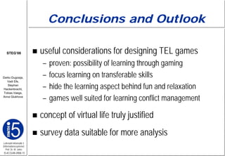 Conclusions and Outlook

   STEG’08               useful considerations for designing TEL games
                         –   proven: possibility of learning through gaming
Darko Dugosija,          –   focus learning on transferable skills
   Vadi Efe,
   Stephan
Hackenbracht,            –   hide the learning aspect behind fun and relaxation
 Tobias Vaegs,
Anna Glukhova
                         –   games well suited for learning conflict management

                         concept of virtual life truly justified
                         survey data suitable for more analysis
Lehrstuhl Informatik 5
(Informationssysteme)
   Prof. Dr. M. Jarke
I5-KCGHR-0908-15
 