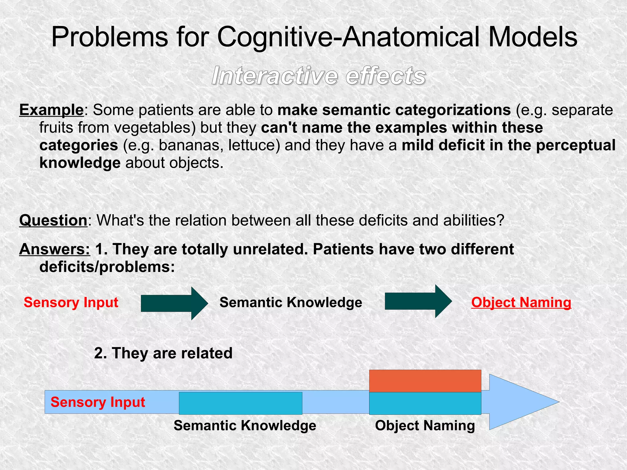Problems for Cognitive-Anatomical Models Interactive effects Example : Some patients are able to  make semantic categorizations  (e.g. separate fruits from vegetables) but they  can't name the examples within these categories  (e.g. bananas, lettuce) and they have a  mild deficit in the perceptual knowledge  about objects. Question : What's the relation between all these deficits and abilities? Answers:   1. They are totally unrelated. Patients have two different deficits/problems: 2. They are related Sensory Input Semantic Knowledge Object Naming Semantic Knowledge Object Naming Sensory Input 