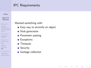 IPC Requirements

    Arbyte

  Alistair N.
  MacLeod

Motivation         Wanted something with:
Problem
Requirements           Easy way to serverify an object
Existing Systems
Arbyte
                       Stub generation
Architecture
Component
Diagram
                       Parameter passing
Design and             Exceptions
Implementa-
tion
Objects
                       Timeouts
Processes
IPC                    Security
Practicalities
Deployment
                       Garbage collection
Project Status
 
