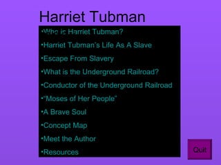 Who is Harriet Tubman? Harriet Tubman’s Life As A Slave Escape   From Slavery What is the Underground Railroad? Conductor of the Underground Railroad “Moses of Her People” A Brave Soul Concept Map Meet the Author  Resources Harriet Tubman Index Quit 