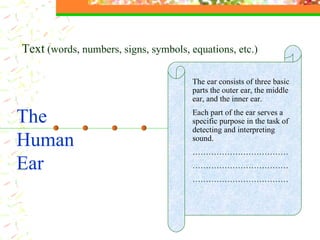 The  Human Ear Text  (words, numbers, signs, symbols, equations, etc.) The ear consists of three basic parts the outer ear, the middle ear, and the inner ear.  Each part of the ear serves a specific purpose in the task of detecting and interpreting sound. ……………………………… ……………………………… ……………………………… 