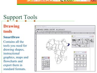 Support Tools Drawing tools SmartDraw Contains all the tools you need for drawing shapes, instructional graphics, maps and flowcharts and export them in standard formats. 