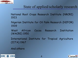 State of applied/scholarly research National Root Crops Research Institute (NRCRI) 1923 Nigerian Institute for Oil Palm Re...