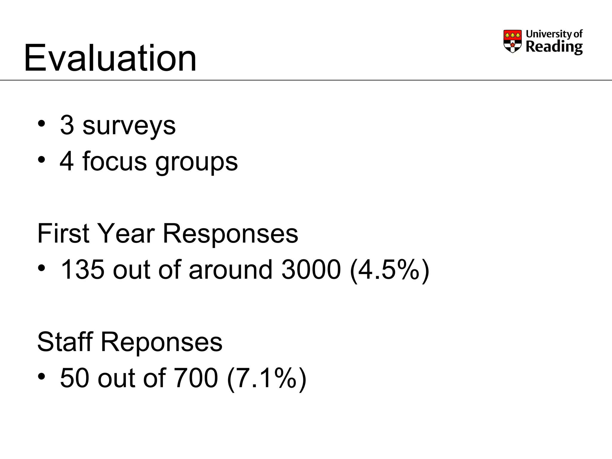 Evaluation 3 surveys 4 focus groups First Year Responses 135 out of around 3000 (4.5%) Staff Reponses 50 out of 700 (7.1%) 