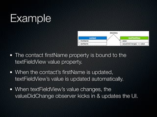 Example


The contact ﬁrstName property is bound to the
textFieldView value property.
When the contact’s ﬁrstName is updat...