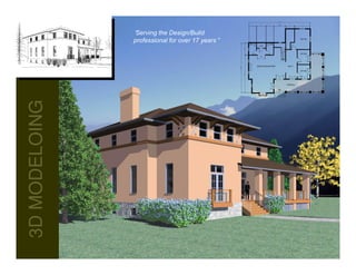 47 ' - 6 1 /2 "




                                                                                    5' - 6 1/4"     7' - 1 1/2"   5' - 6"                            6' - 6"   1 1' - 1 0"




               “Serving the Design/Build
               professional for over 17 years”                                                                                                                 OFFICE


                                                                                                    CLO.




                                                                  9 ' - 1 1 7/32"
                                                                                                                                                               OFFICE


                                                                                                                                              UP


                                                                                                  RECEPTION/WAITING                                 SEC'Y




                                                 3 8' - 8 9/32"
                                                                                                                                                               OFFICE




                                                                  29' - 1 3/4"
                                                                                                                                                   VERANDA

                                                                                                                             DN
3D MODELOING
 