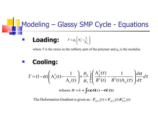 Modeling – Glassy SMP Cycle - Equations Loading: where  T  is the stress in the rubbery part of the polymer and  µ a  is the modulus Cooling: 