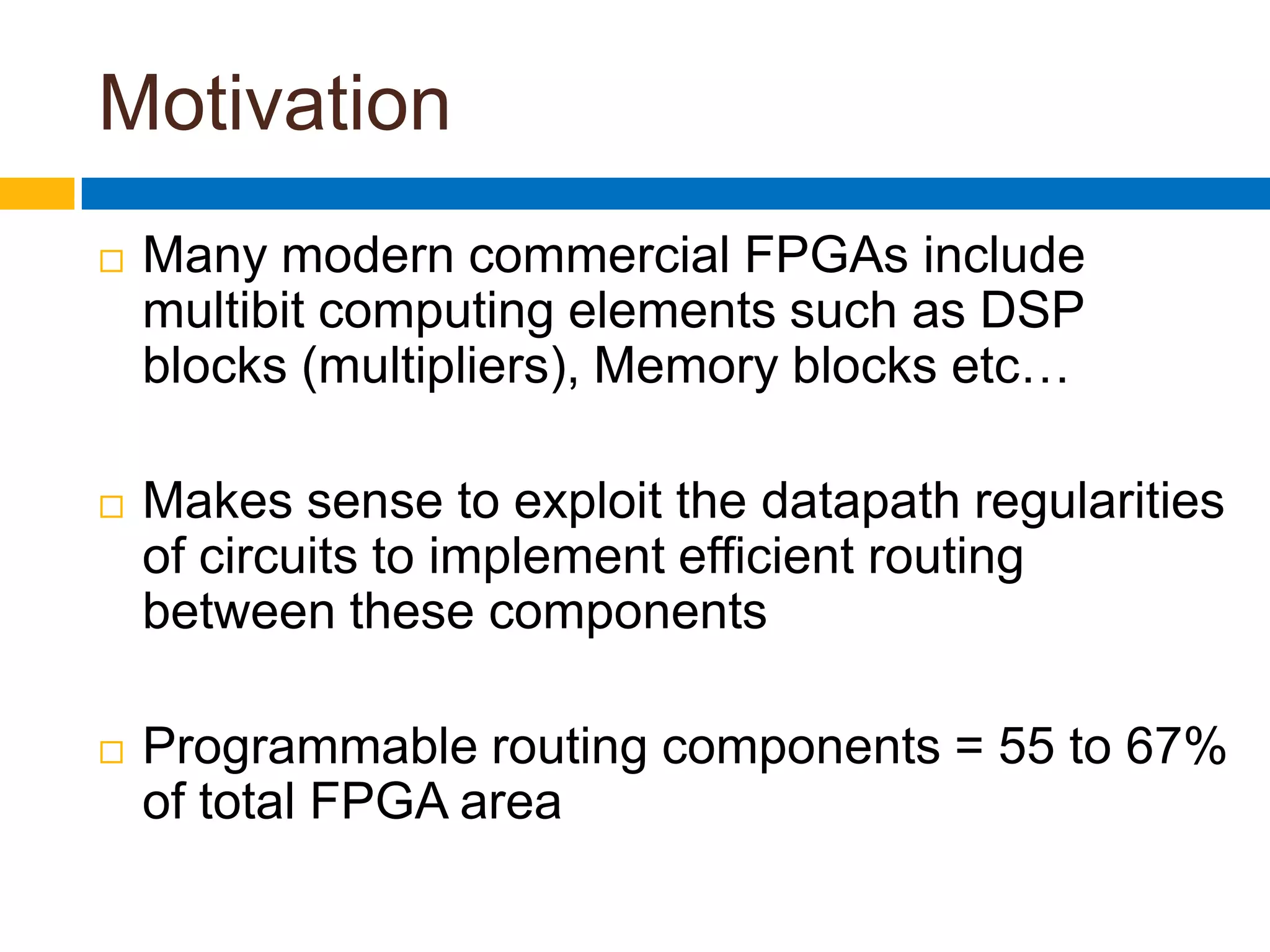 MotivationMany modern commercial FPGAs include multibit computing elements such as DSP blocks (multipliers), Memory blocks etc…Makes sense to exploit the datapath regularities of circuits to implement efficient routing between these componentsProgrammable routing components = 55 to 67% of total FPGA area