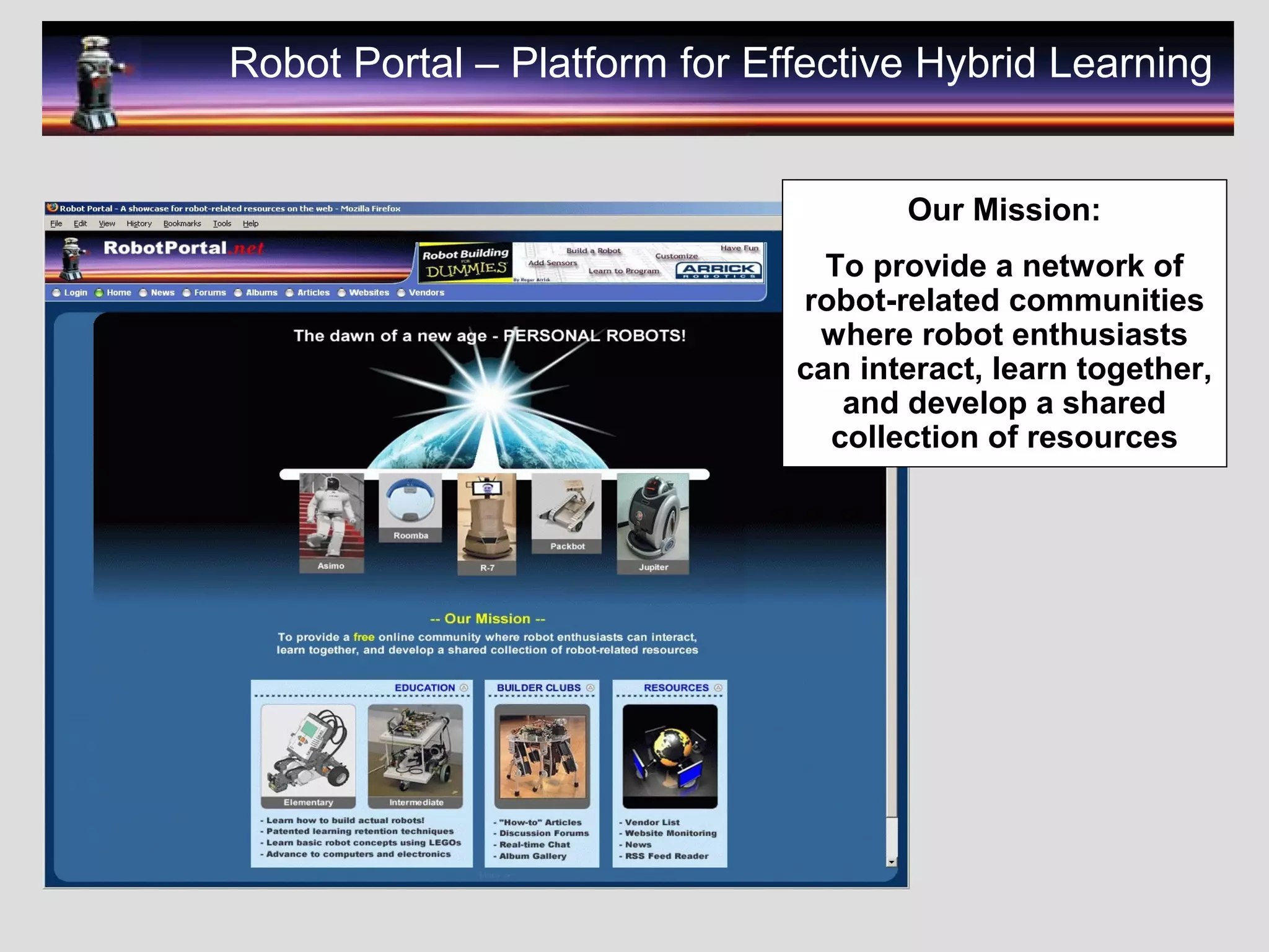 Robot Portal – Platform for Effective Hybrid Learning
Our Mission:
To provide a network of
robot-related communities
where robot enthusiasts
can interact, learn together,
and develop a shared
collection of resources
 