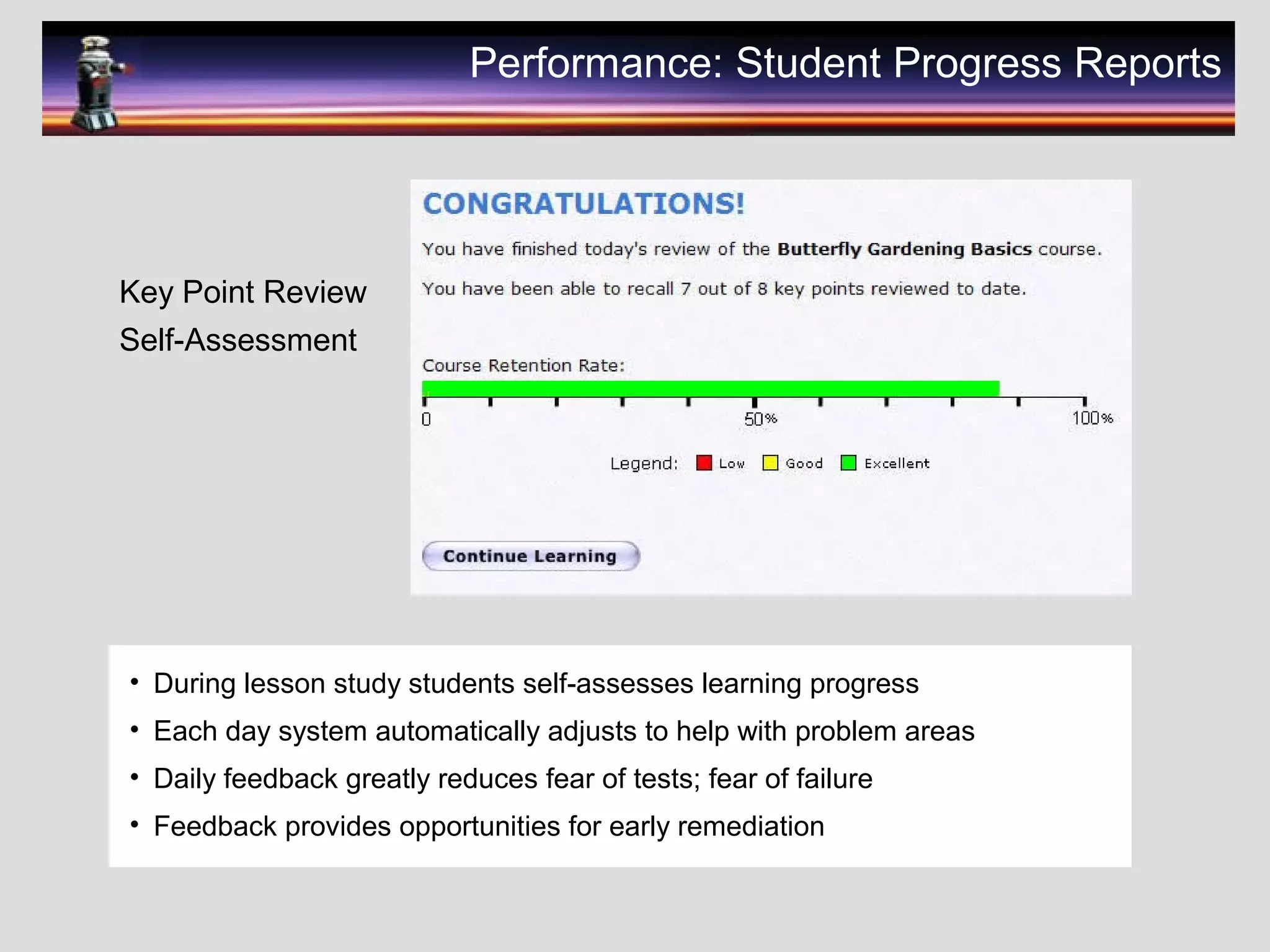 Performance: Student Progress Reports
• During lesson study students self-assesses learning progress
• Each day system automatically adjusts to help with problem areas
• Daily feedback greatly reduces fear of tests; fear of failure
• Feedback provides opportunities for early remediation
Key Point Review
Self-Assessment
 