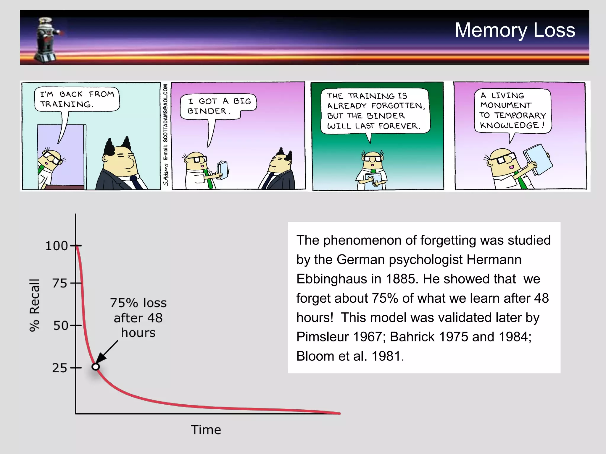 Memory Loss
The phenomenon of forgetting was studied
by the German psychologist Hermann
Ebbinghaus in 1885. He showed that we
forget about 75% of what we learn after 48
hours! This model was validated later by
Pimsleur 1967; Bahrick 1975 and 1984;
Bloom et al. 1981.
 