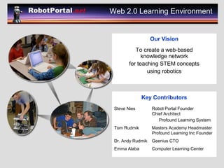 Our Vision
To create a web-based
knowledge network
for teaching STEM concepts
using robotics
Web 2.0 Learning Environment
Key Contributors
Steve Nies Robot Portal Founder
Chief Architect
Profound Learning System
Tom Rudmik Masters Academy Headmaster
Profound Learning Inc Founder
Dr. Andy Rudmik Geenius CTO
Emma Alaba Computer Learning Center
 