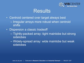 Results
• Centroid centered over target always best
  – Irregular arrays more robust when centroid
     shifts
• Dispersion a classic tradeoff
  – Tightly-packed array: tight mainlobe but strong
     sidelobes
  – Widely-spread array: wide mainlobe but weak
     sidelobes




    www.vis.uky.edu   |   Dedicated to Research, Education and Industrial Outreach   |   859.257.1257
 