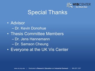 Special Thanks
• Advisor
  – Dr. Kevin Donohue
• Thesis Committee Members
  – Dr. Jens Hannemann
  – Dr. Samson Cheung
• Everyone at the UK Vis Center



   www.vis.uky.edu   |   Dedicated to Research, Education and Industrial Outreach   |   859.257.1257
 