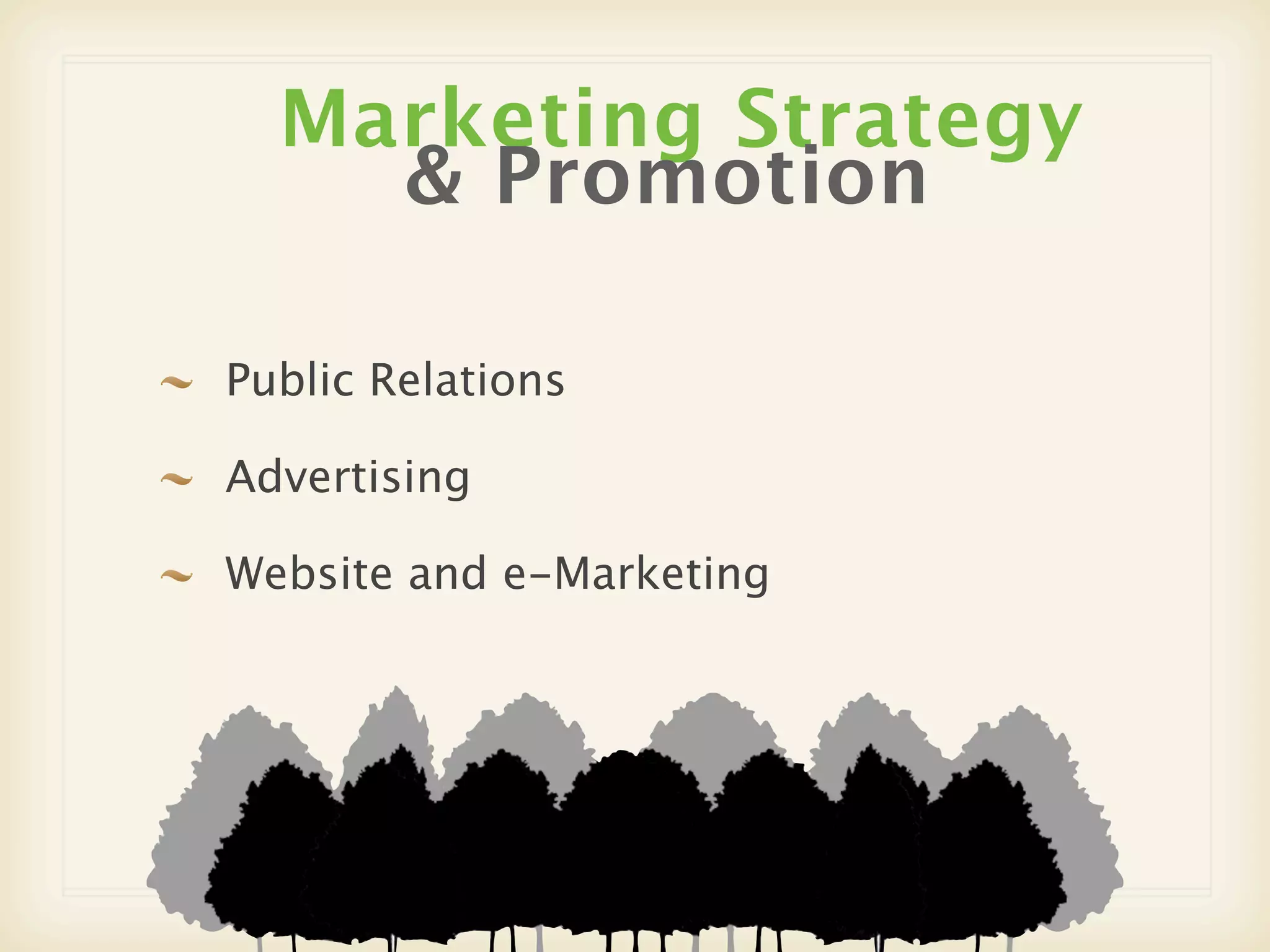 Marketing Strategy
    & Promotion

Public Relations

Advertising

Website and e-Marketing
 
