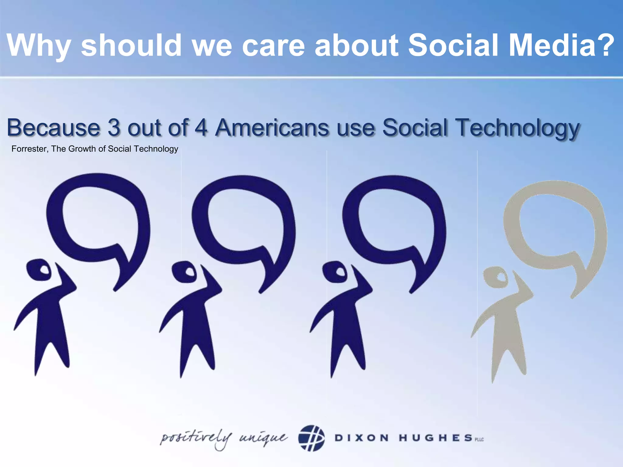 Why should we care about Social Media?Because 3 out of 4 Americans use Social TechnologyForrester, The Growth of Social Technology