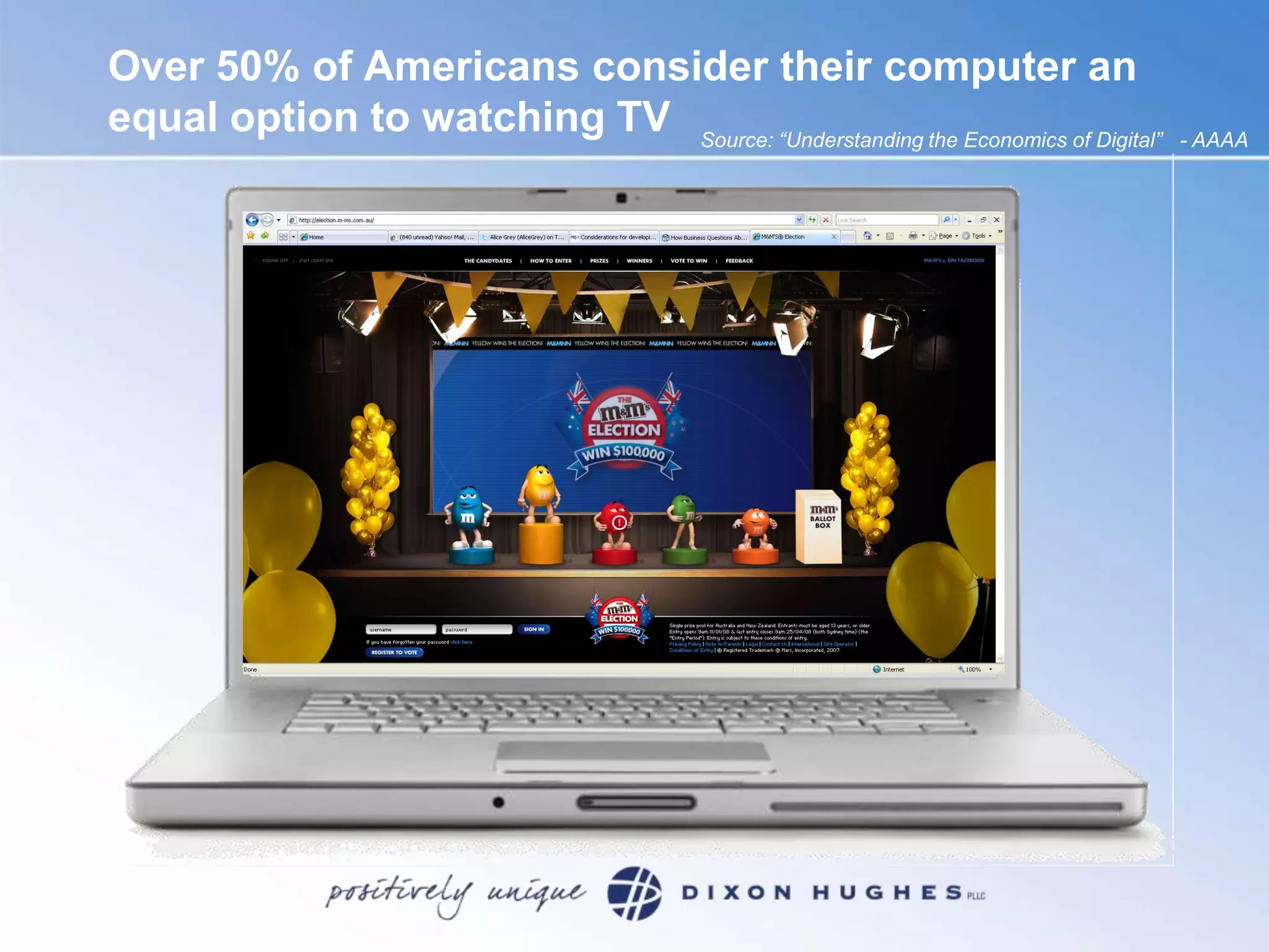 Over 50% of Americans consider their computer an equal option to watching TVSource: “Understanding the Economics of Digital”   - AAAA