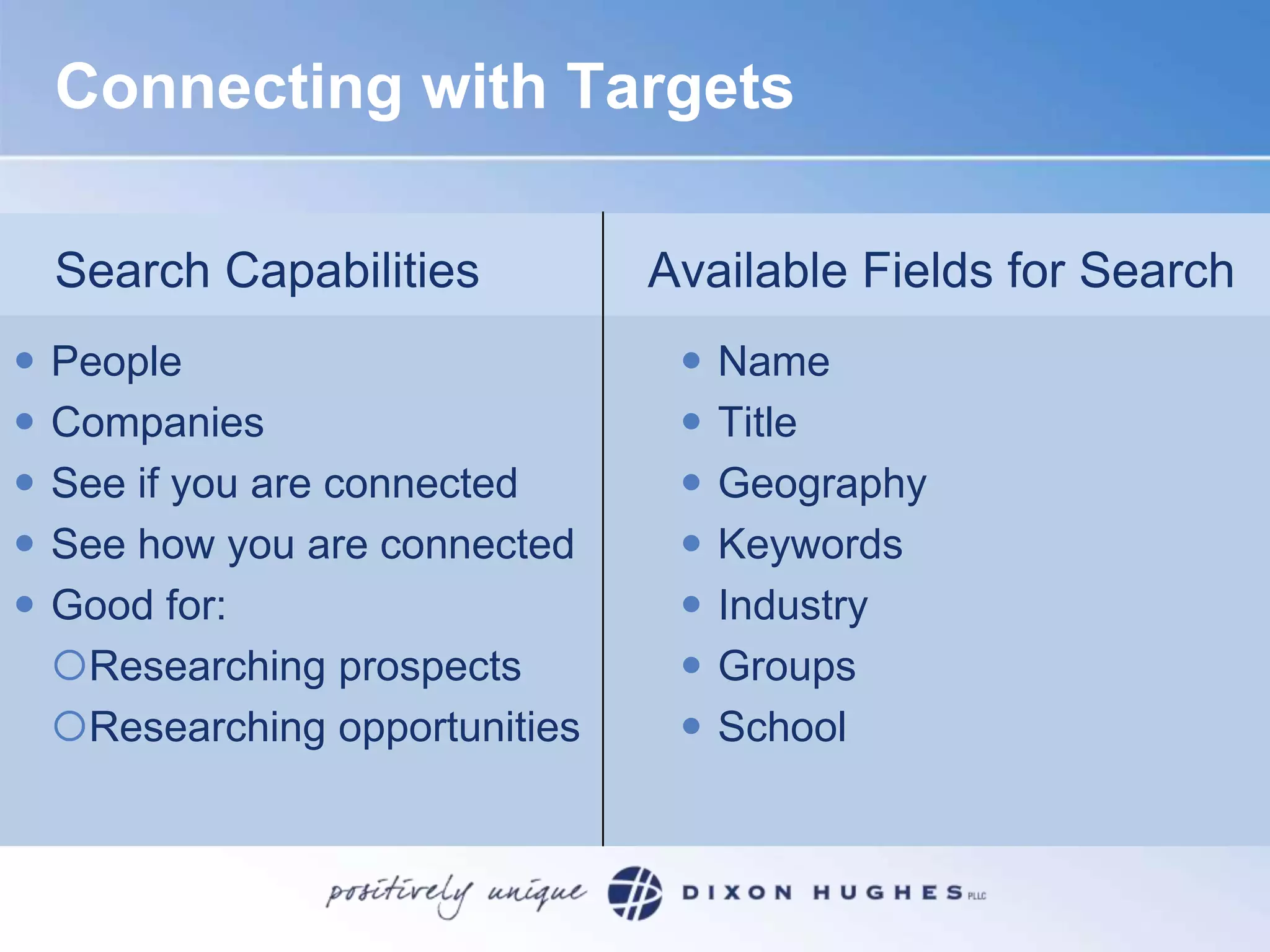 Connecting with TargetsSearch CapabilitiesAvailable Fields for SearchPeople