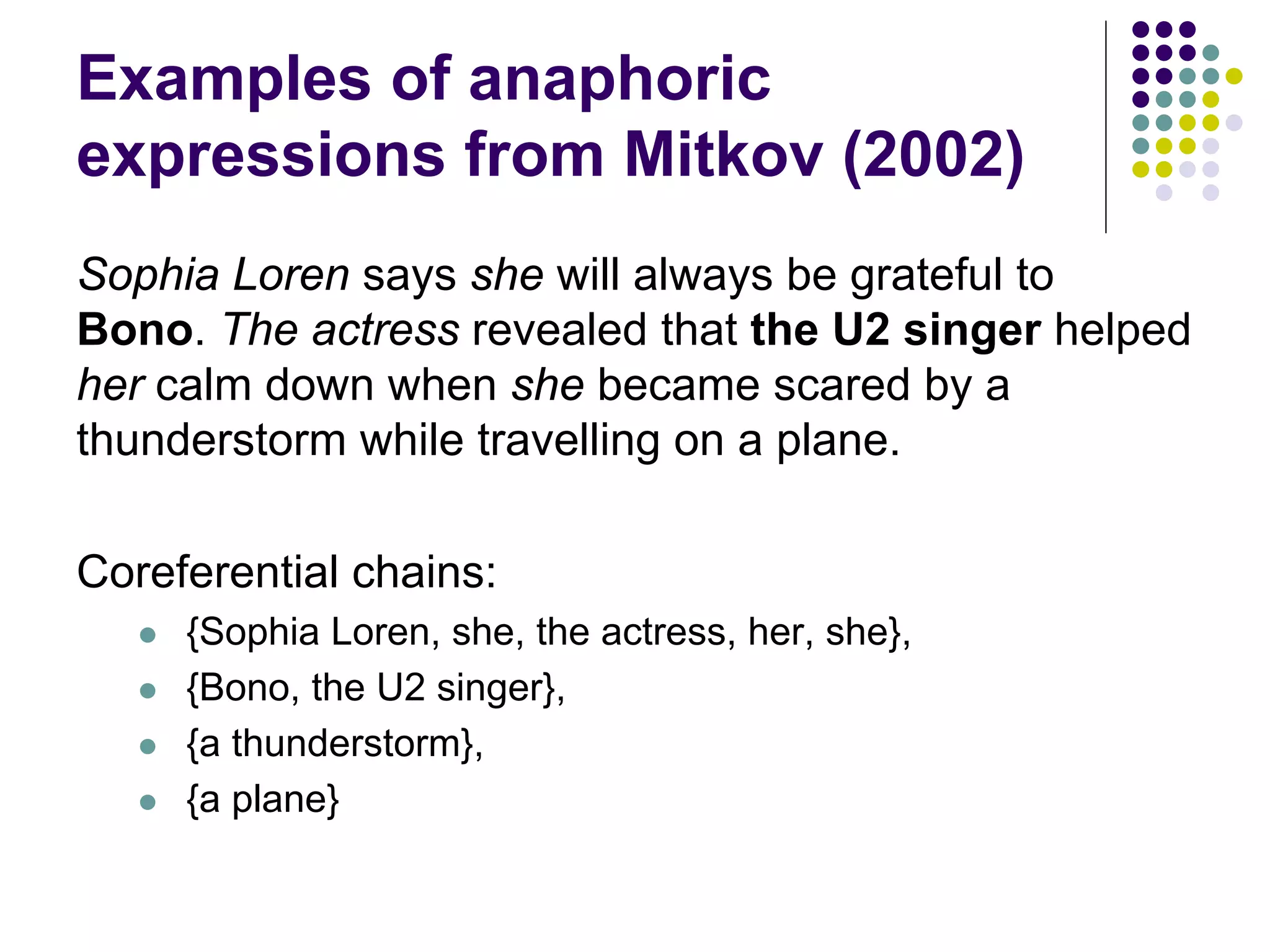 Examples of anaphoric
expressions from Mitkov (2002)
Sophia Loren says she will always be grateful to
Bono. The actress revealed that the U2 singer helped
her calm down when she became scared by a
thunderstorm while travelling on a plane.

Coreferential chains:
      {Sophia Loren, she, the actress, her, she},
      {Bono, the U2 singer},
      {a thunderstorm},
      {a plane}
 