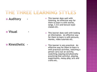    Auditory    -      This learner does well with
                        listening. An effective way for
                        them to learn is with stories,
                        songs, C.D.S and lecture style
                        classes etc.

   Visual      -      This learner does well with looking
                        at information. An effective way
                        for them to learn is with pictures,
                        movies, video tutorials etc.

   Kinesthetic -      This learner is very practical. An
                        effective way for them to learn is
                        with practical activites, watching a
                        person carry out an activity,
                        (watching,copying and physically
                        practicing that activity), playing,
                        experiments, messy play, arts and
                        crafts etc.
 