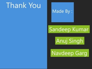Thank You
             Made By :



            Sandeep Kumar

              Anuj Singh

            Navdeep Garg
 