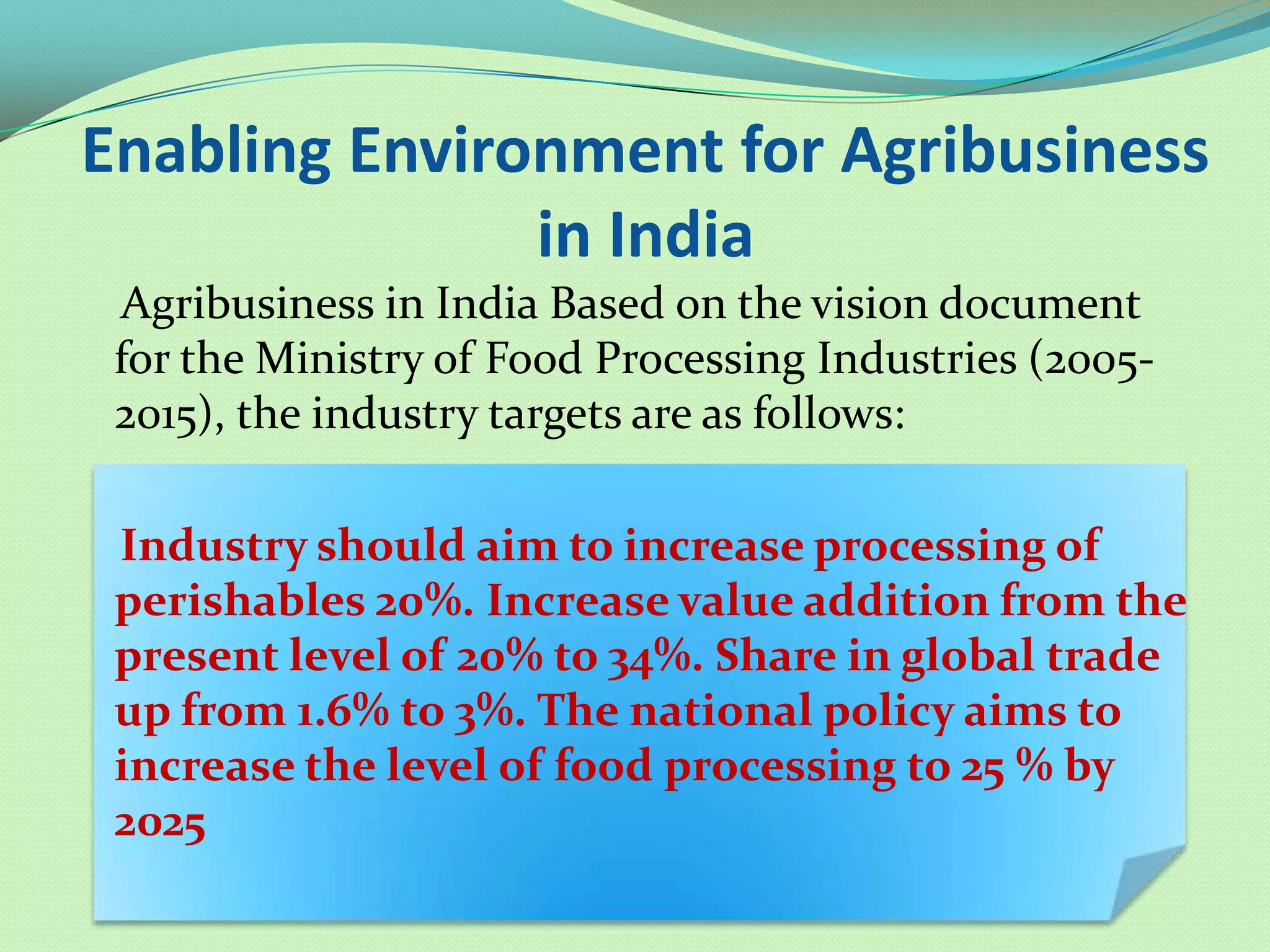 Enabling Environment for Agribusiness
               in India
 Agribusiness in India Based on the vision document
 for the Ministry of Food Processing Industries (2005-
 2015), the industry targets are as follows:

 Industry should aim to increase processing of
 perishables 20%. Increase value addition from the
 present level of 20% to 34%. Share in global trade
 up from 1.6% to 3%. The national policy aims to
 increase the level of food processing to 25 % by
 2025
 