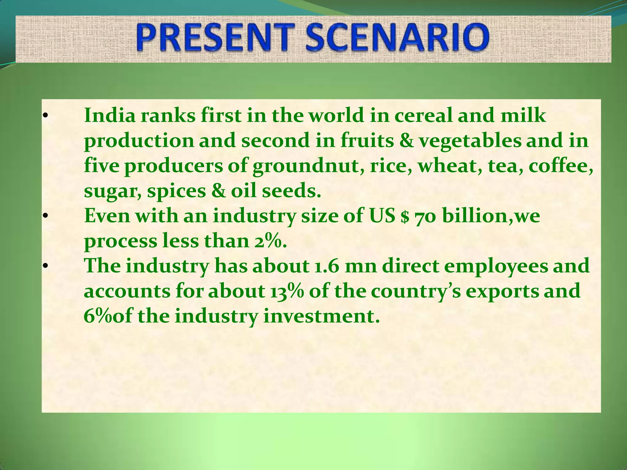 •   India ranks first in the world in cereal and milk
    production and second in fruits & vegetables and in
    five producers of groundnut, rice, wheat, tea, coffee,
    sugar, spices & oil seeds.
•   Even with an industry size of US $ 70 billion,we
    process less than 2%.
•   The industry has about 1.6 mn direct employees and
    accounts for about 13% of the country’s exports and
    6%of the industry investment.
 