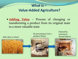What is –
                 Value-Added Agriculture?

     Adding Value – Process of changing or
      transforming a product from its original state
      to a more valuable state
                                                   Desired by
                         By processing it into a   customers –
Add value to wheat       product (flour)           (bread bakers)
 