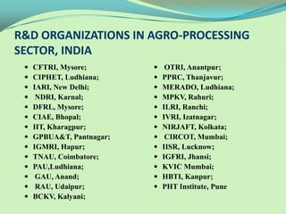 R&D ORGANIZATIONS IN AGRO-PROCESSING
SECTOR, INDIA
    CFTRI, Mysore;            OTRI, Anantpur;
    CIPHET, Ludhiana;        PPRC, Thanjavur;
    IARI, New Delhi;         MERADO, Ludhiana;
     NDRI, Karnal;           MPKV, Rahuri;
    DFRL, Mysore;            ILRI, Ranchi;
    CIAE, Bhopal;            IVRI, Izatnagar;
    IIT, Kharagpur;          NIRJAFT, Kolkata;
    GPBUA&T, Pantnagar;       CIRCOT, Mumbai;
    IGMRI, Hapur;            IISR, Lucknow;
    TNAU, Coimbatore;        IGFRI, Jhansi;
    PAU,Ludhiana;            KVIC Mumbai;
     GAU, Anand;             HBTI, Kanpur;
     RAU, Udaipur;           PHT Institute, Pune
    BCKV, Kalyani;
 